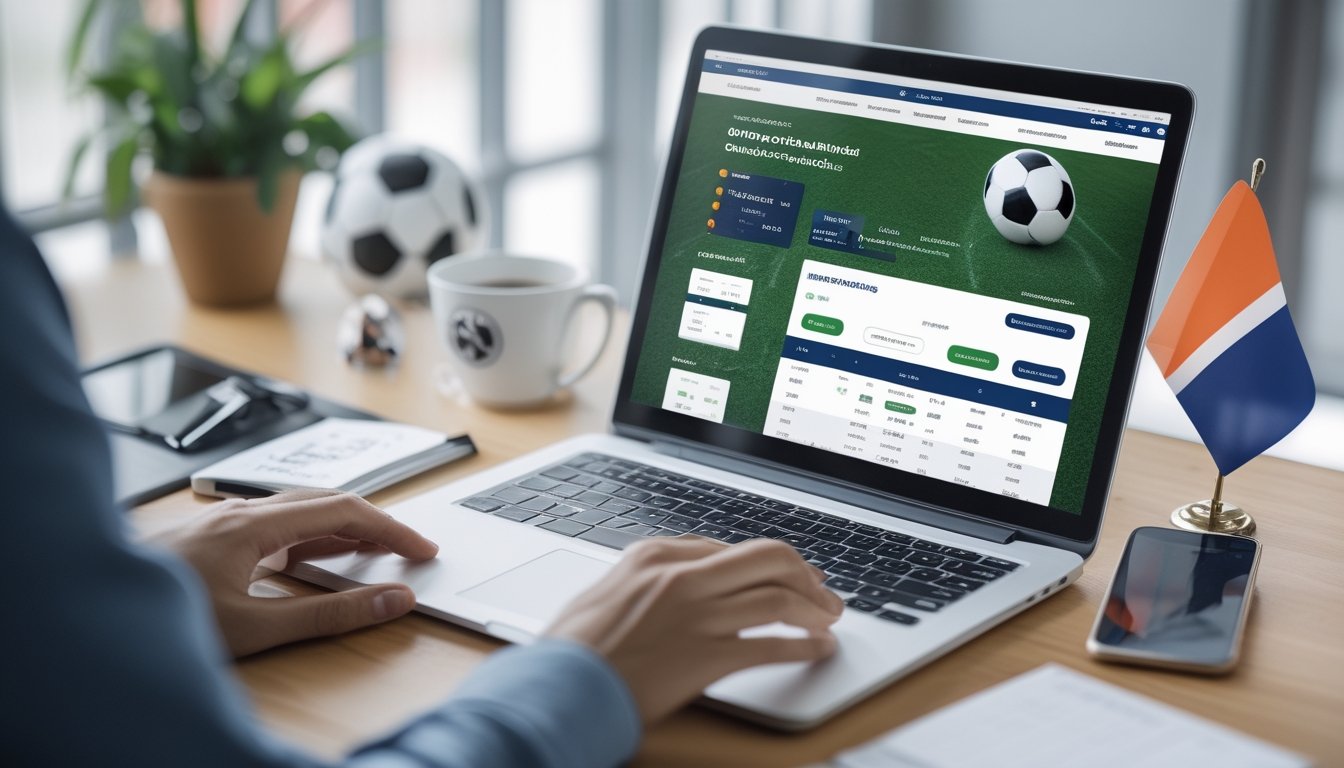 Seorang pria duduk di depan laptop yang menampilkan situs taruhan sepak bola online dengan bola sepak dan bendera Indonesia di meja.