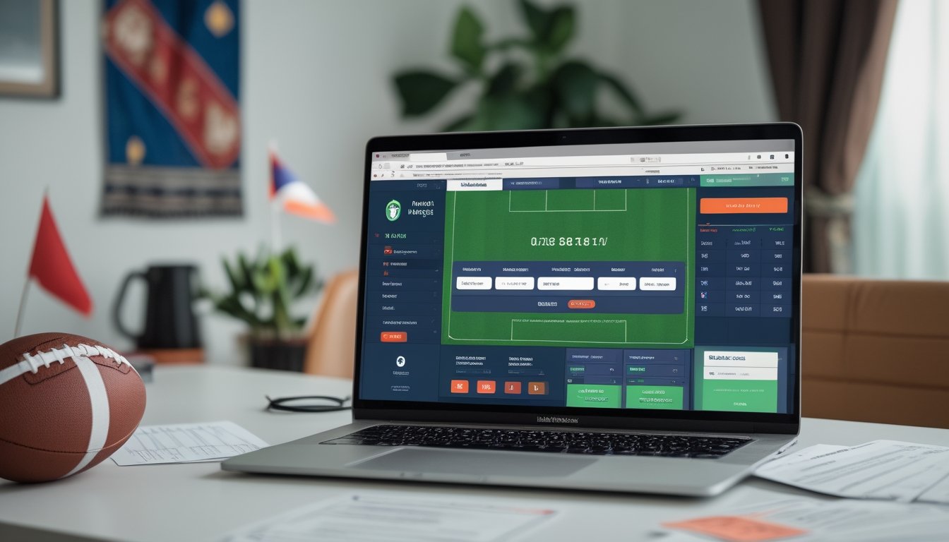 Meja kerja dengan laptop menampilkan situs taruhan sepak bola online, bola sepak, dan smartphone dengan informasi taruhan langsung.