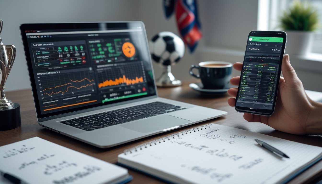 Meja kerja dengan laptop yang menampilkan statistik sepak bola, smartphone dengan pembaruan pertandingan langsung, dan buku catatan dengan catatan dan perhitungan.