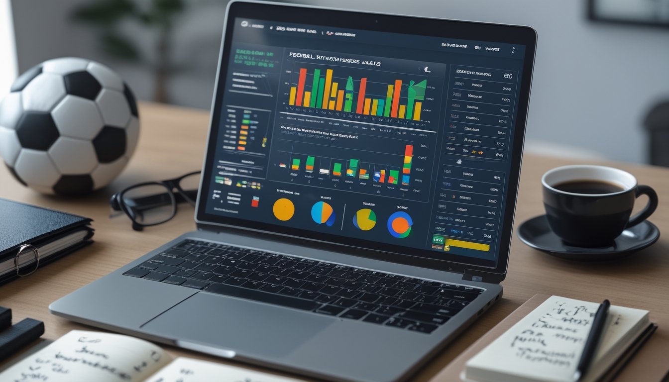 Meja kerja dengan laptop dan tablet menampilkan data statistik sepak bola, bola sepak, dan alat tulis.