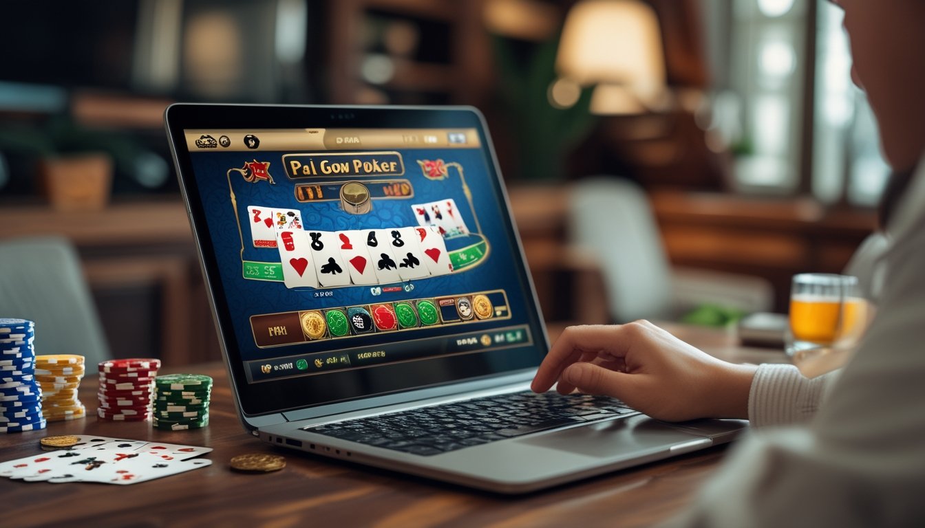 Seseorang bermain Pai Gow Poker di komputer di lingkungan rumah yang nyaman dengan kartu dan chip poker terlihat di layar.