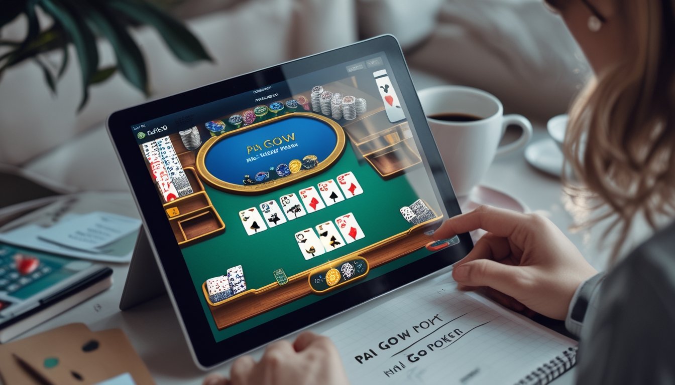Seorang pemain menggunakan laptop untuk belajar bermain Pai Gow Poker di kasino online dengan kartu poker digital terlihat di layar.