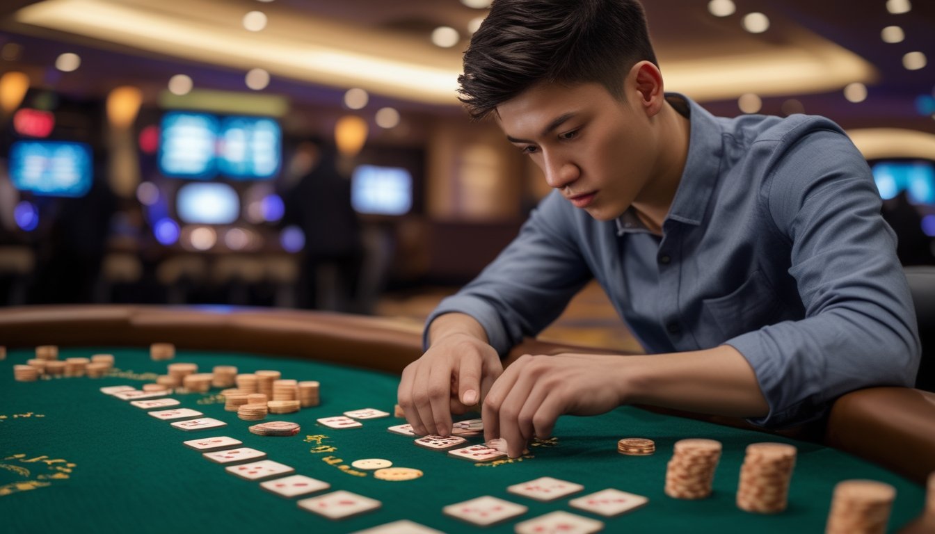 Seorang pemain muda fokus bermain Pai Gow Poker di meja kasino dengan ubin dan kartu tertata rapi.