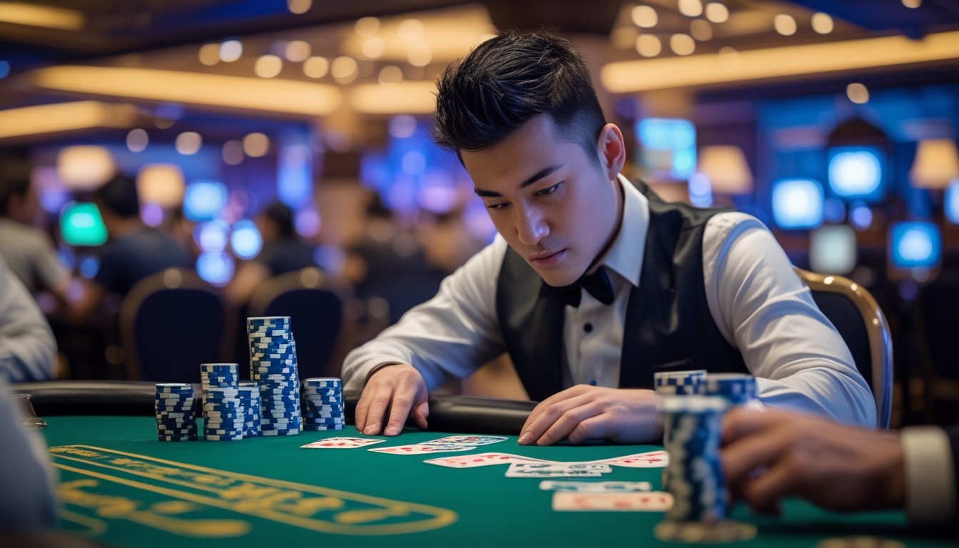 Seorang pemain poker serius duduk di meja Pai Gow dengan tumpukan chip kecil dan kartu di tangan, di dalam kasino yang terang.