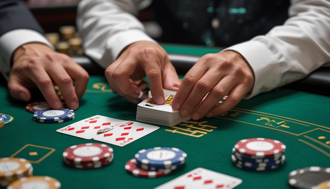 Tangan pemain sedang mengatur kartu Pai Gow Poker di atas meja kasino dengan tumpukan chip dan dealer di latar belakang.