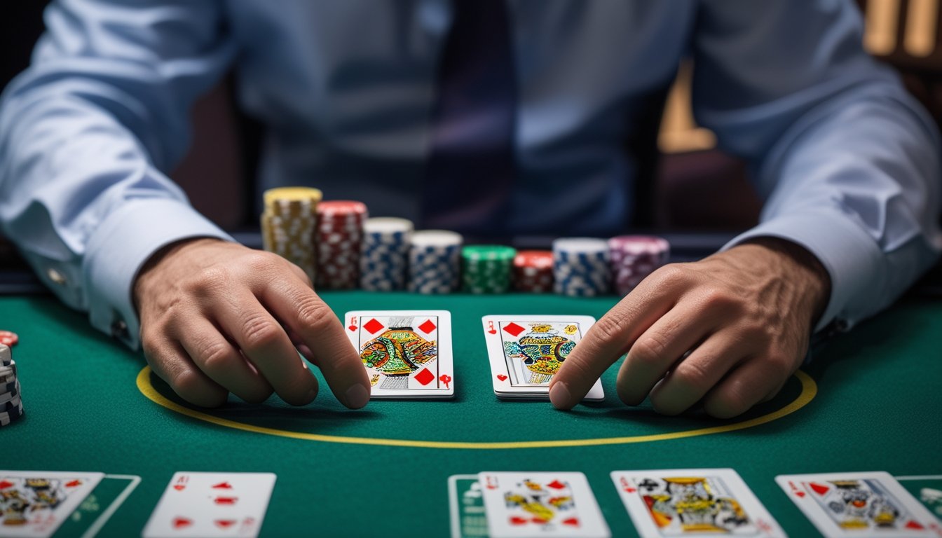 Tangan mengatur kartu Pai Gow Poker di atas meja kasino dengan tumpukan chip di latar belakang.