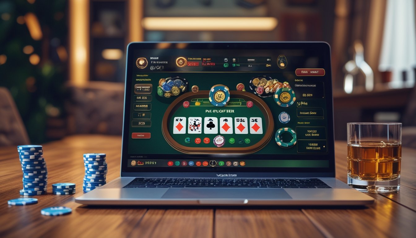 Seorang pemain sedang bermain Pai Gow Poker online menggunakan laptop dengan tumpukan chip poker dan dadu di atas meja kayu.