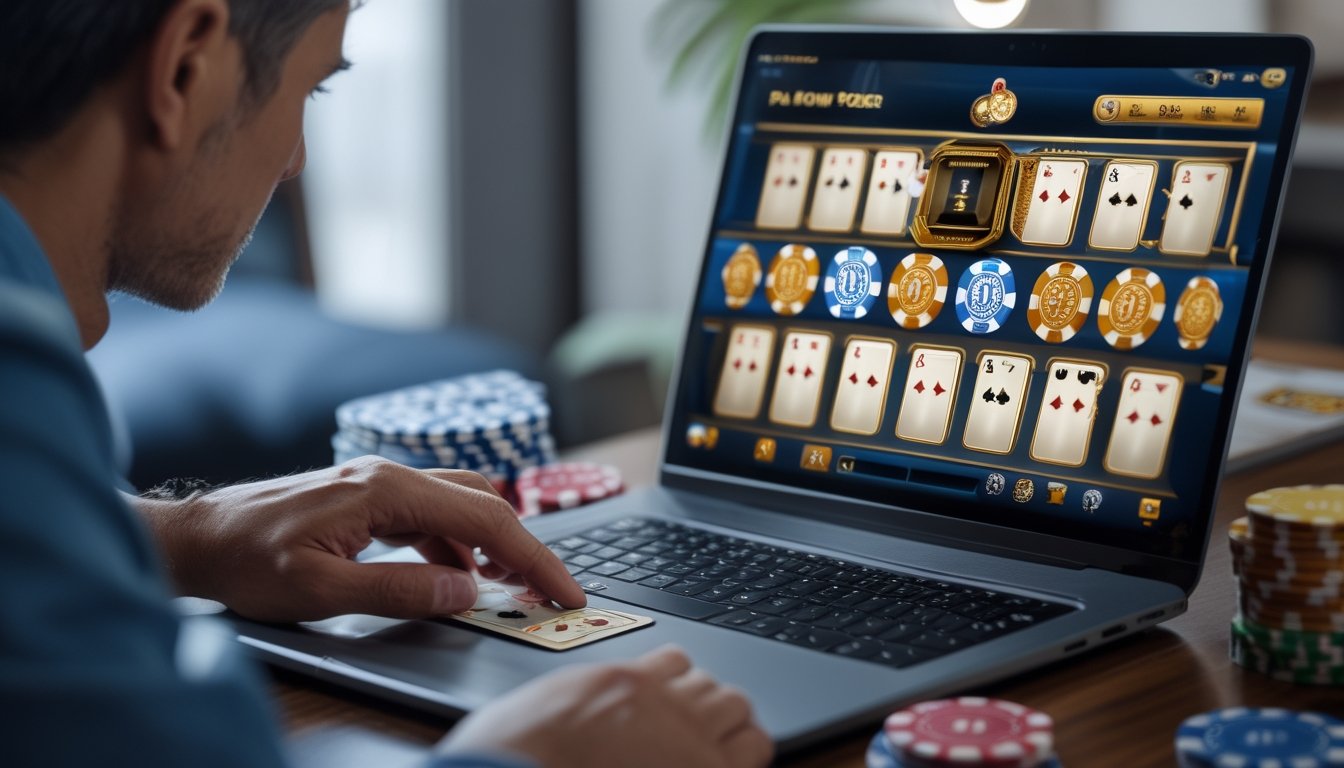 Seorang dewasa sedang bermain Pai Gow Poker di depan komputer dengan tumpukan chip poker di meja.