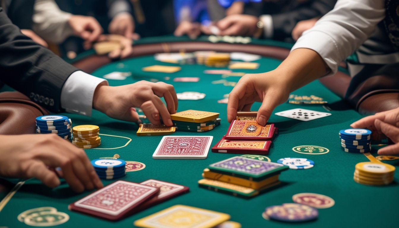 Tangan sedang mengatur ubin dan kartu Pai Gow Poker di atas meja kasino dengan tumpukan chip di sekitarnya.