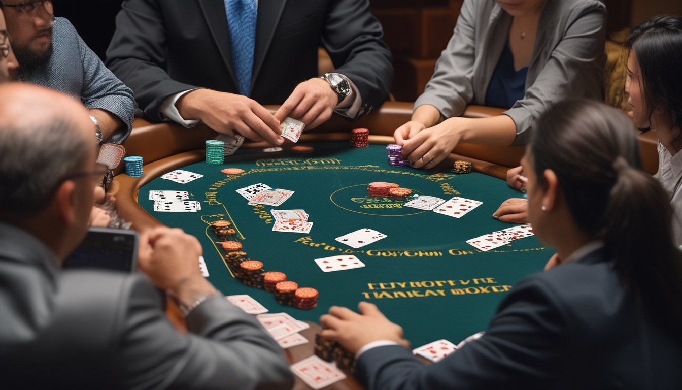 Beberapa orang duduk di sekitar meja kasino bermain Pai Gow Poker dengan dealer yang sedang mengatur kartu.