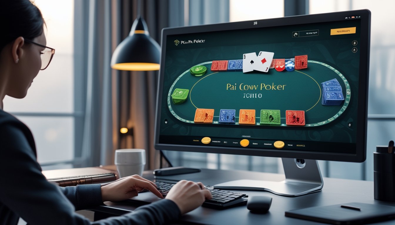 Seseorang bermain Pai Gow Poker online di komputer dengan suasana ruangan yang nyaman dan profesional.