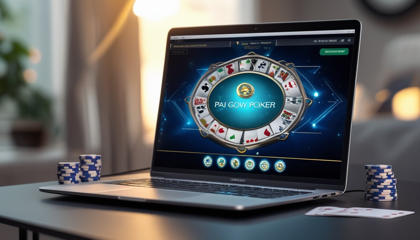 Seorang pemain menggunakan laptop untuk bermain Pai Gow Poker online di meja dengan chip poker dan kartu, di ruangan yang nyaman dan terang.