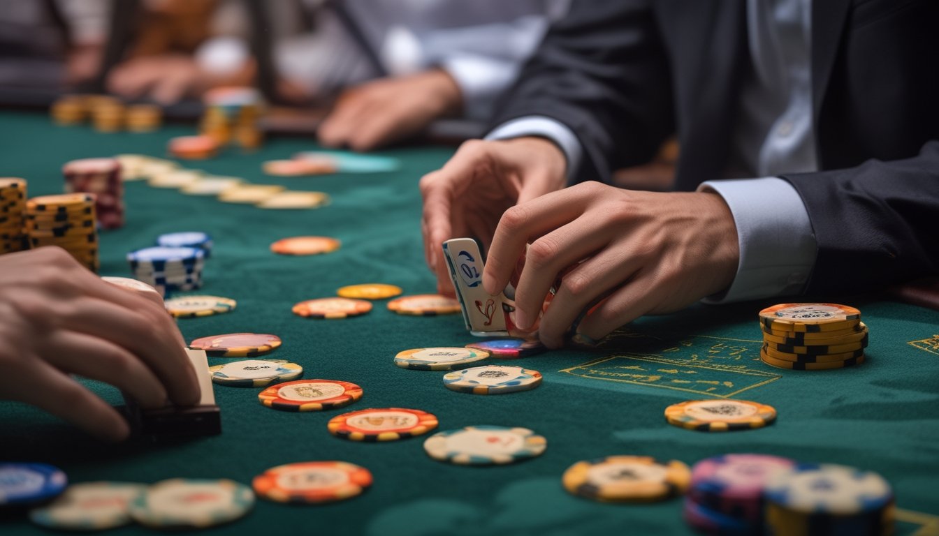 Tangan pemain sedang menyusun ubin Pai Gow Poker di atas meja kasino dengan latar belakang pemain lain dan suasana kasino.