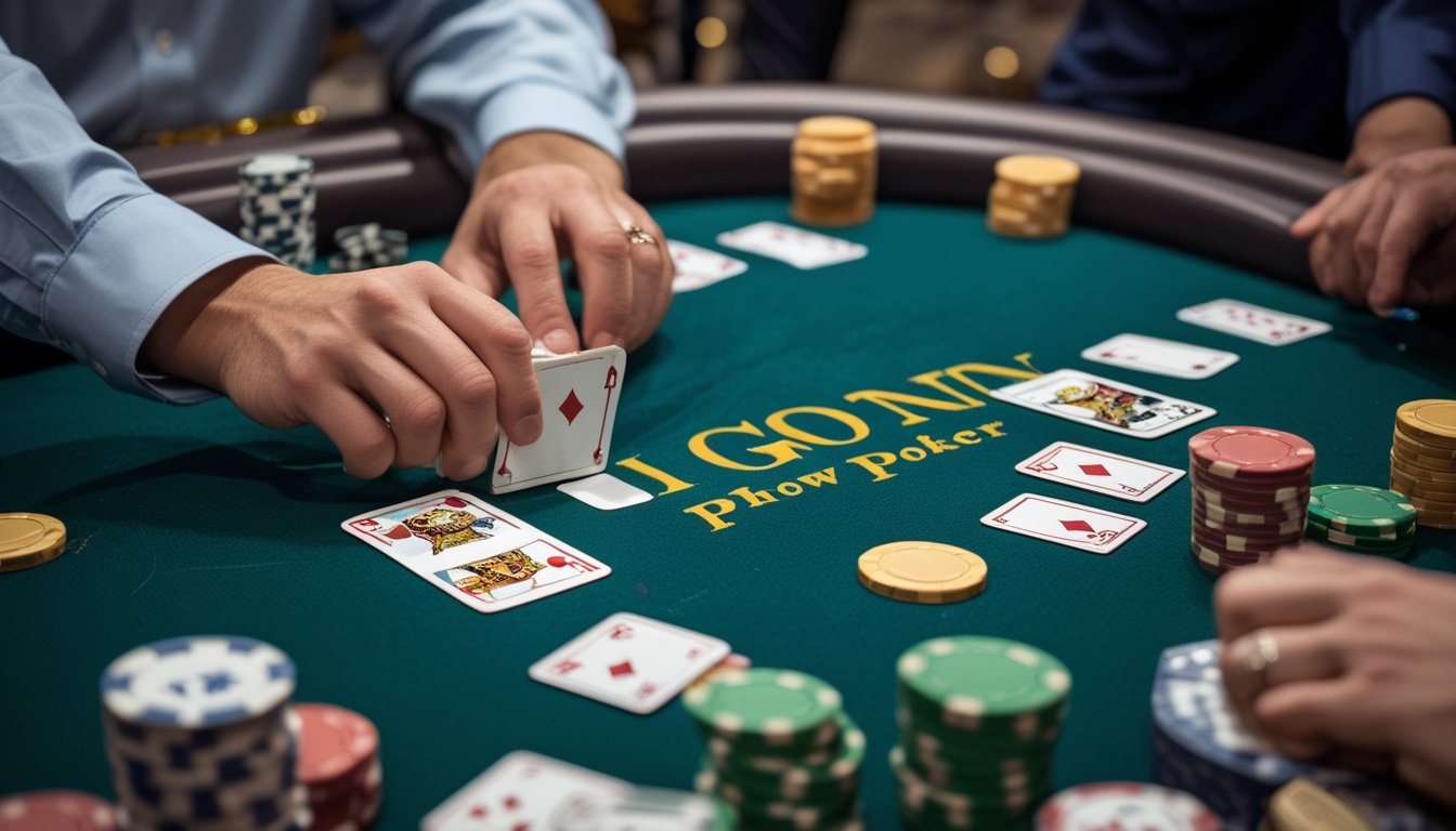 Tangan pemain yang sedang mengatur kartu dan ubin Pai Gow Poker di meja kasino dengan tumpukan chip dan dealer di latar belakang.