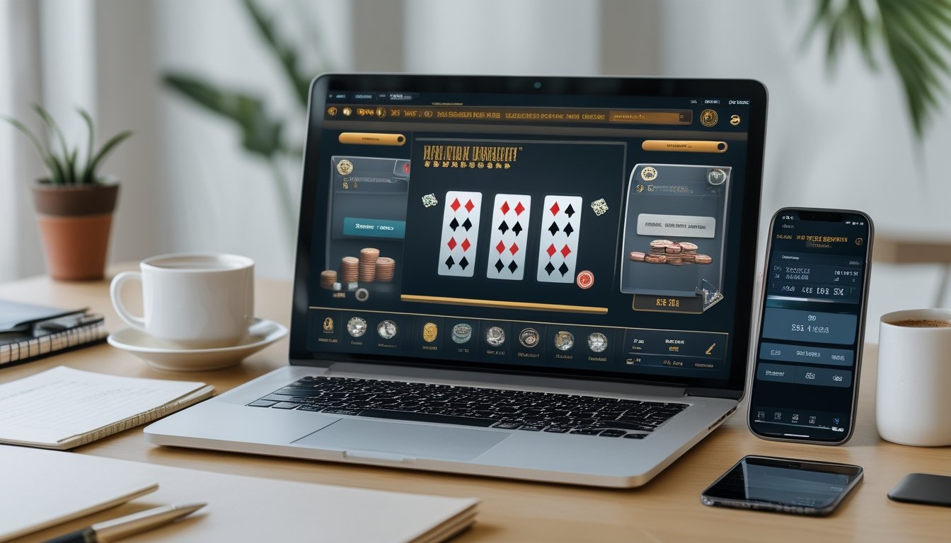 Sebuah meja kerja dengan laptop yang menampilkan permainan Pai Gow Poker online dan smartphone yang menunjukkan aplikasi pembayaran digital.