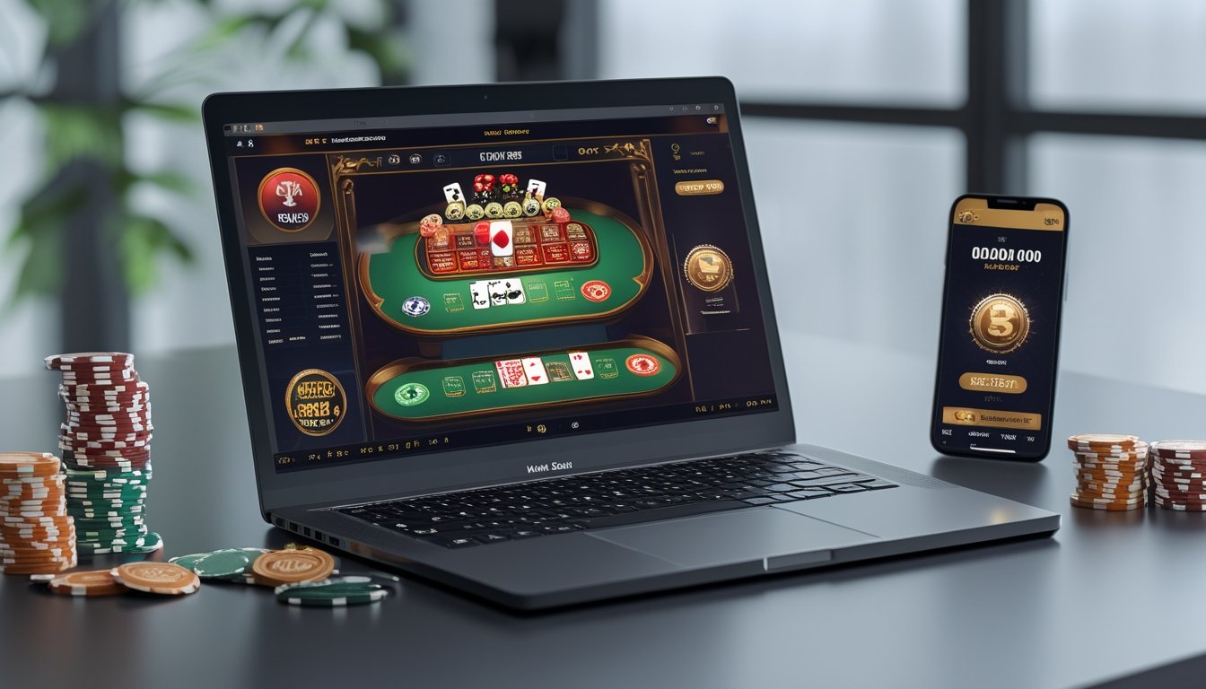 Seorang pemain menggunakan laptop untuk bermain Pai Gow Poker online dengan chip dan kartu poker di meja.