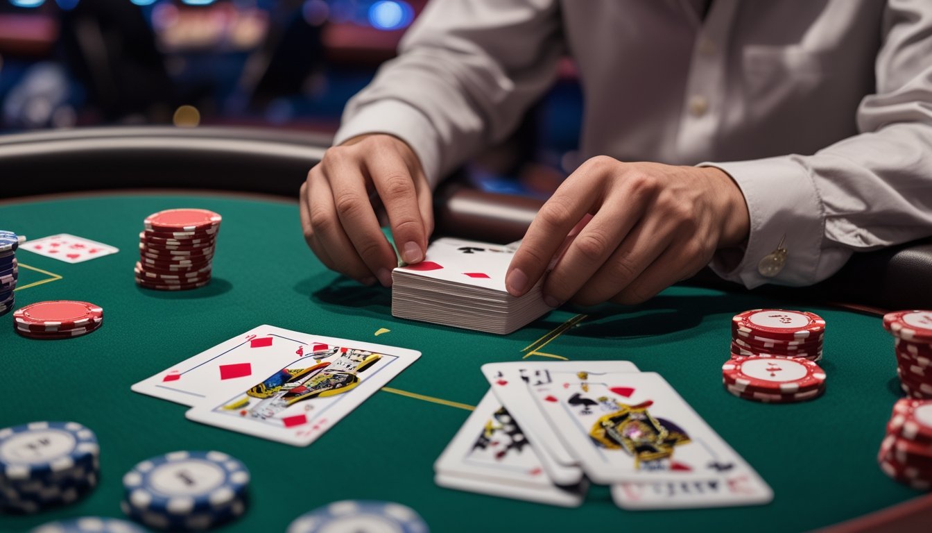 Tangan pemain sedang membagi kartu Pai Gow Poker di atas meja hijau dengan chip poker dan suasana kasino di latar belakang.