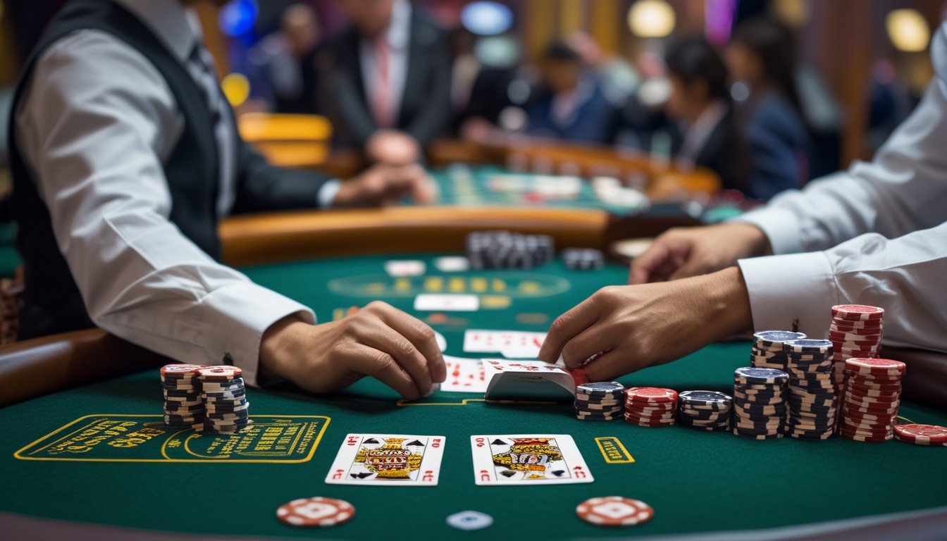 Seorang pemain poker membagi kartu di meja Pai Gow Poker dengan tumpukan chip dan dealer di latar belakang.
