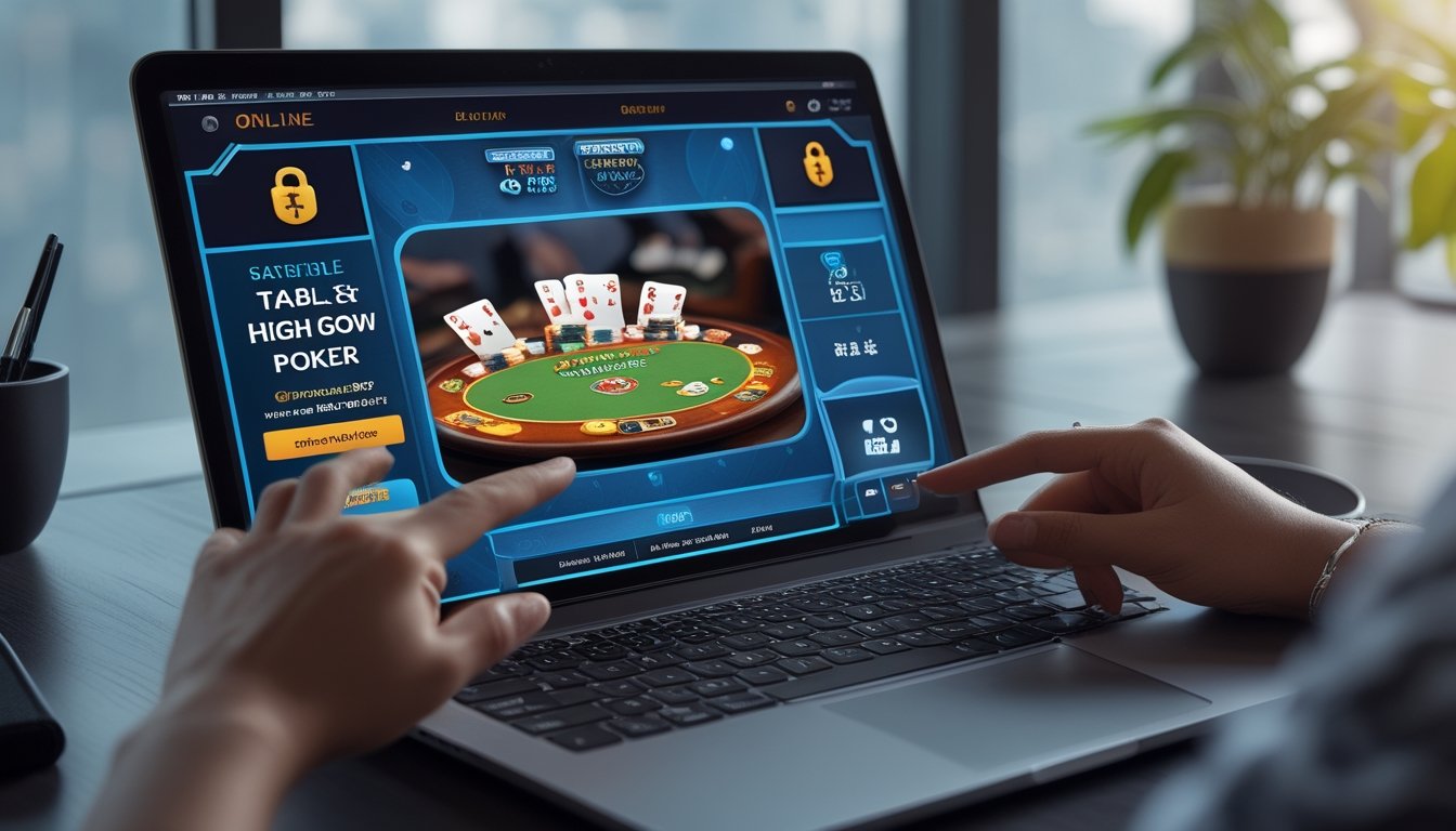 Seseorang menggunakan komputer untuk memilih meja Pai Gow Poker online dengan tampilan kartu dan chip di layar.