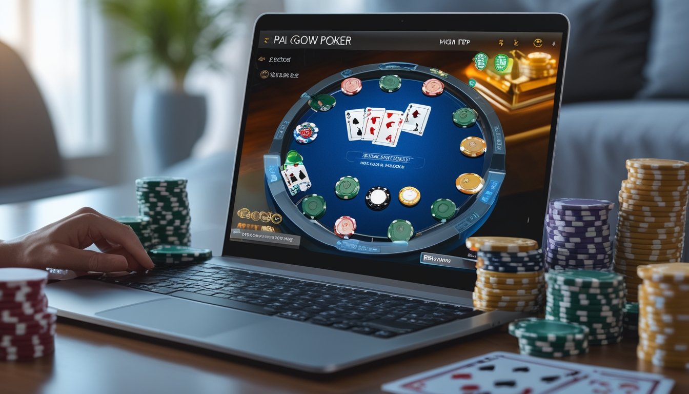 Sebuah layar komputer menampilkan permainan Pai Gow Poker online dengan kartu dan chip poker di meja yang rapi.