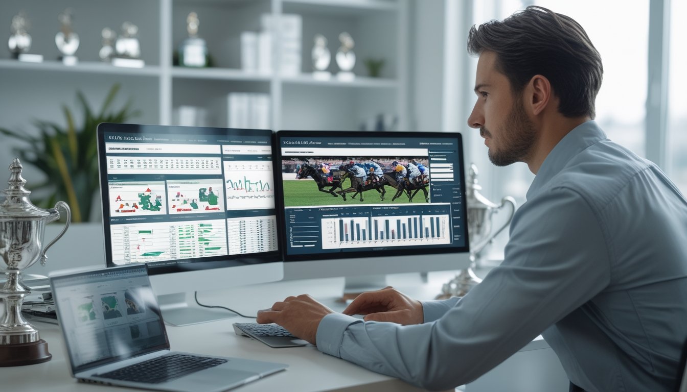 Seorang analis bisnis sedang bekerja dengan laptop dan beberapa layar yang menampilkan statistik dan grafik balapan kuda di sebuah kantor modern.