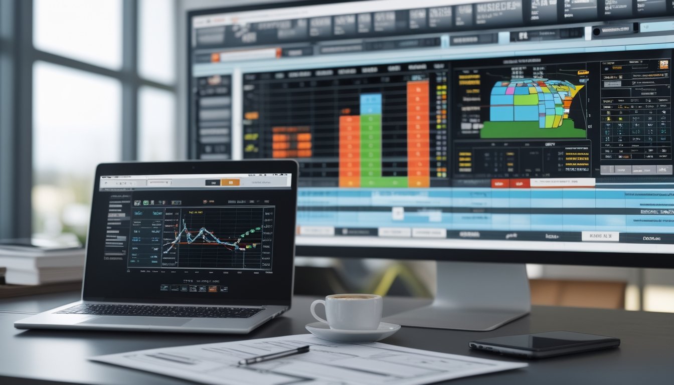 Seorang analis sedang bekerja dengan grafik statistik dan data pacuan kuda di sebuah meja kerja yang rapi.
