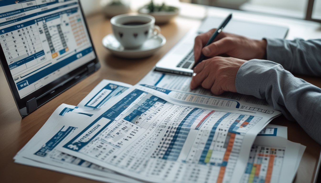 Seseorang sedang menganalisis data dan formulir pacuan kuda di atas meja dengan laptop dan kertas berisi statistik pacuan kuda.