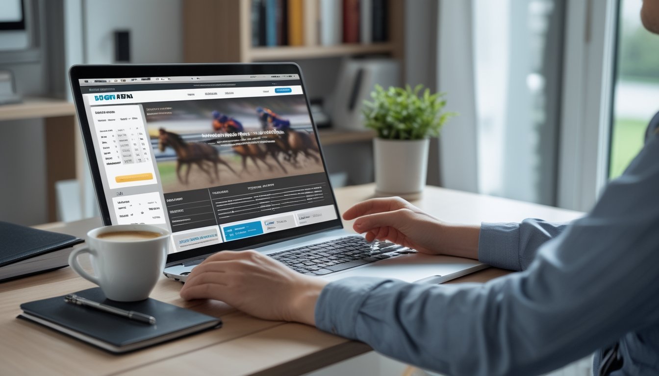 Seseorang sedang menggunakan laptop di meja kerja untuk melihat situs taruhan pacuan kuda online dengan latar belakang rak buku dan tanaman hias.