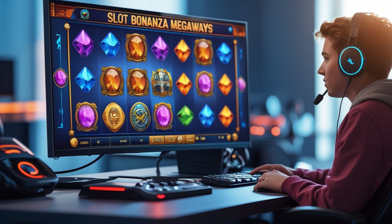 Seorang pemula bermain permainan slot Bonanza Megaways di depan komputer dengan layar menampilkan grafis permainan warna-warni.