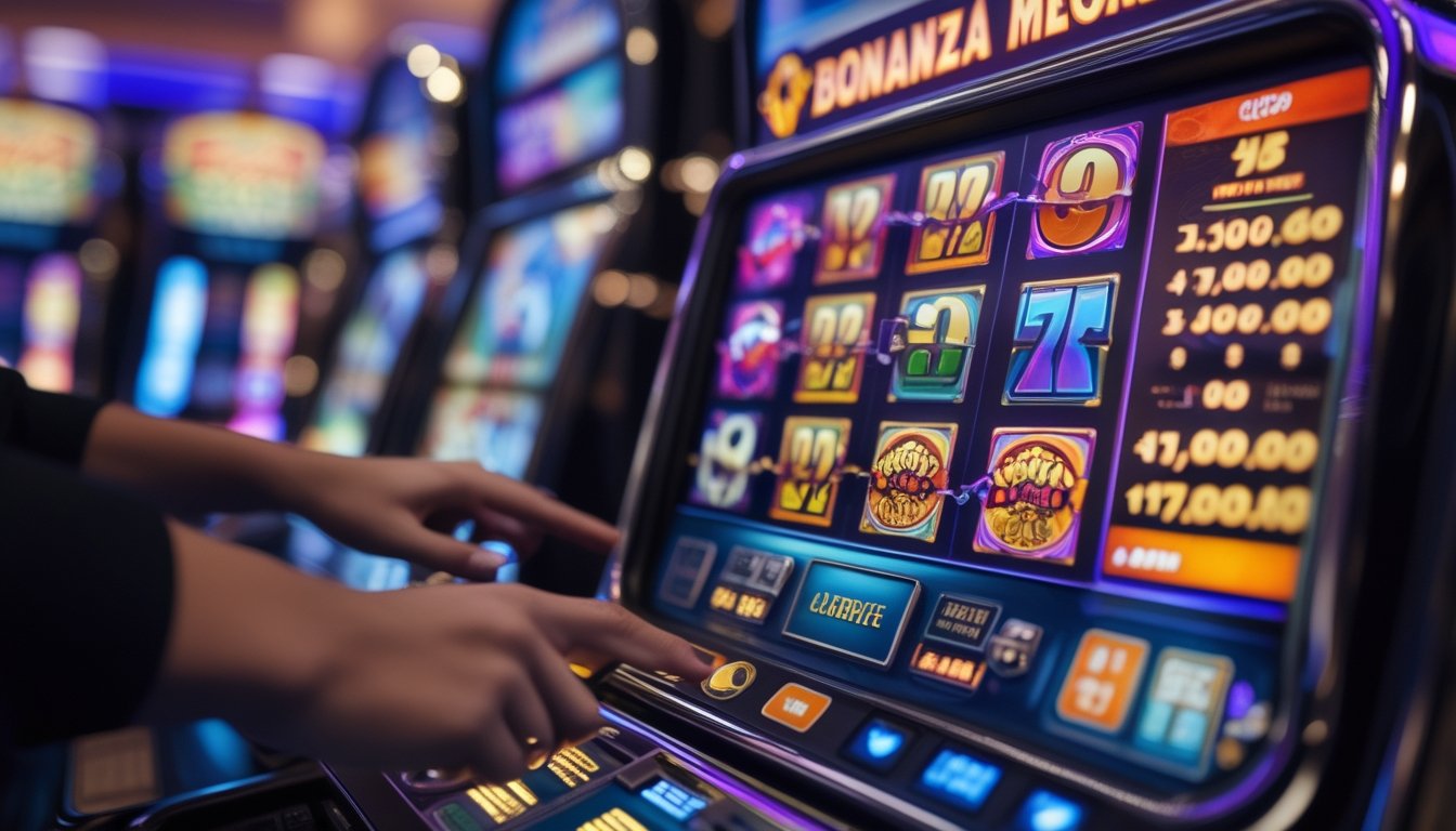 Tangan seseorang sedang bermain mesin slot Bonanza Megaways di kasino dengan latar belakang mesin slot lainnya.