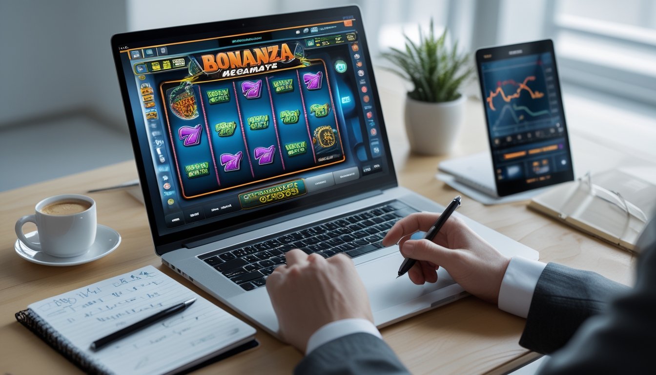 Sebuah ruang kerja dengan laptop yang menampilkan permainan slot Bonanza Megaways, buku catatan dengan tulisan tangan, kopi, dan ponsel di atas meja.