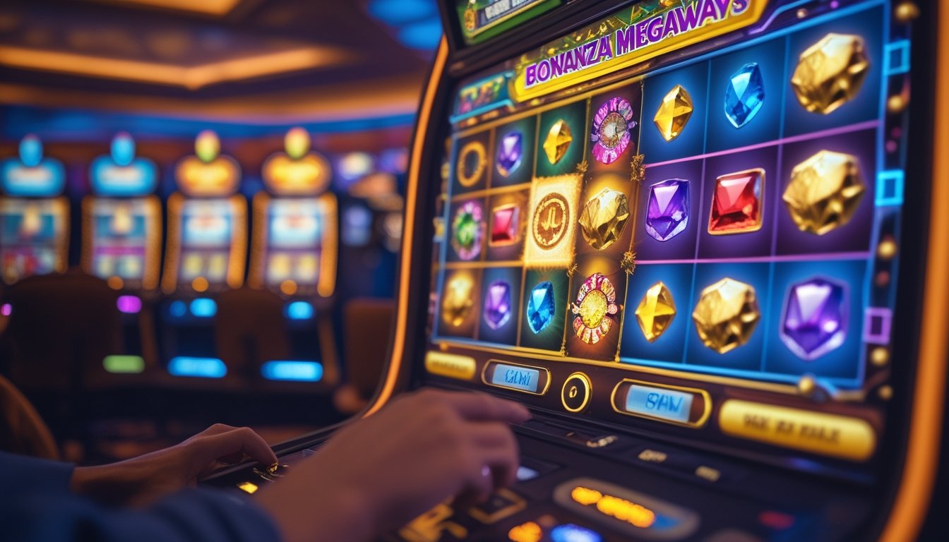 Seorang pemain menekan tombol spin pada mesin slot Bonanza Megaways dengan latar belakang kasino yang ramai.