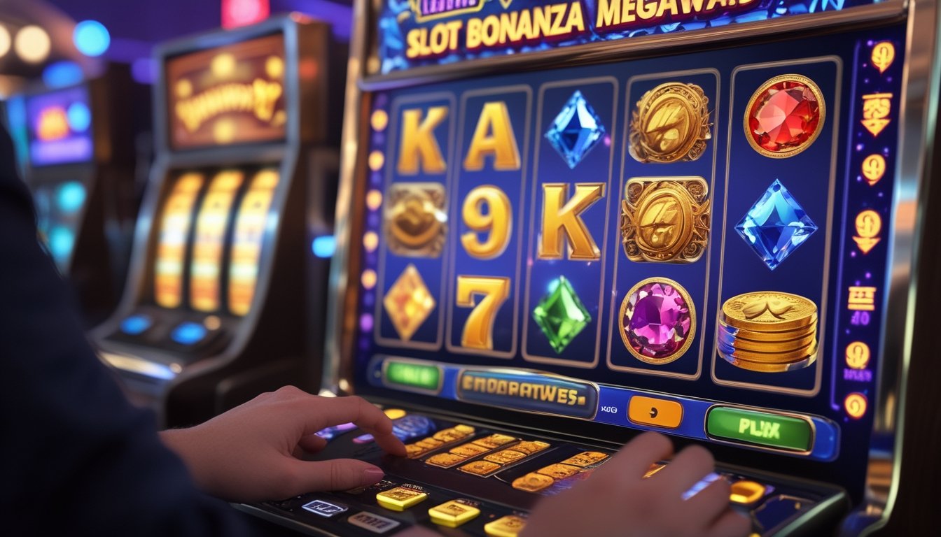 Seorang pemain sedang bermain mesin slot dengan koin emas dan simbol berwarna-warni di layar mesin.