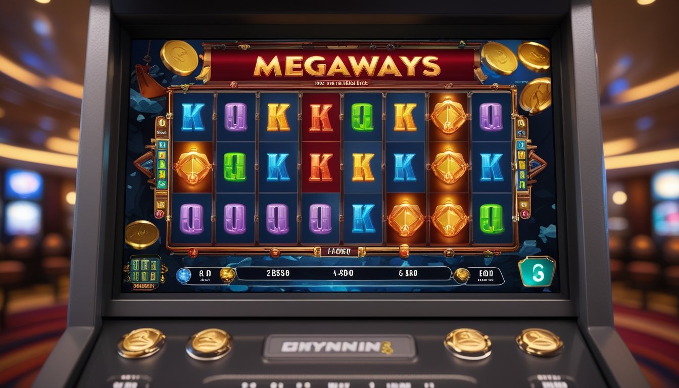 Tampilan dekat mesin slot dengan gulungan berwarna-warni dan simbol bertema pertambangan di latar kasino yang hangat.