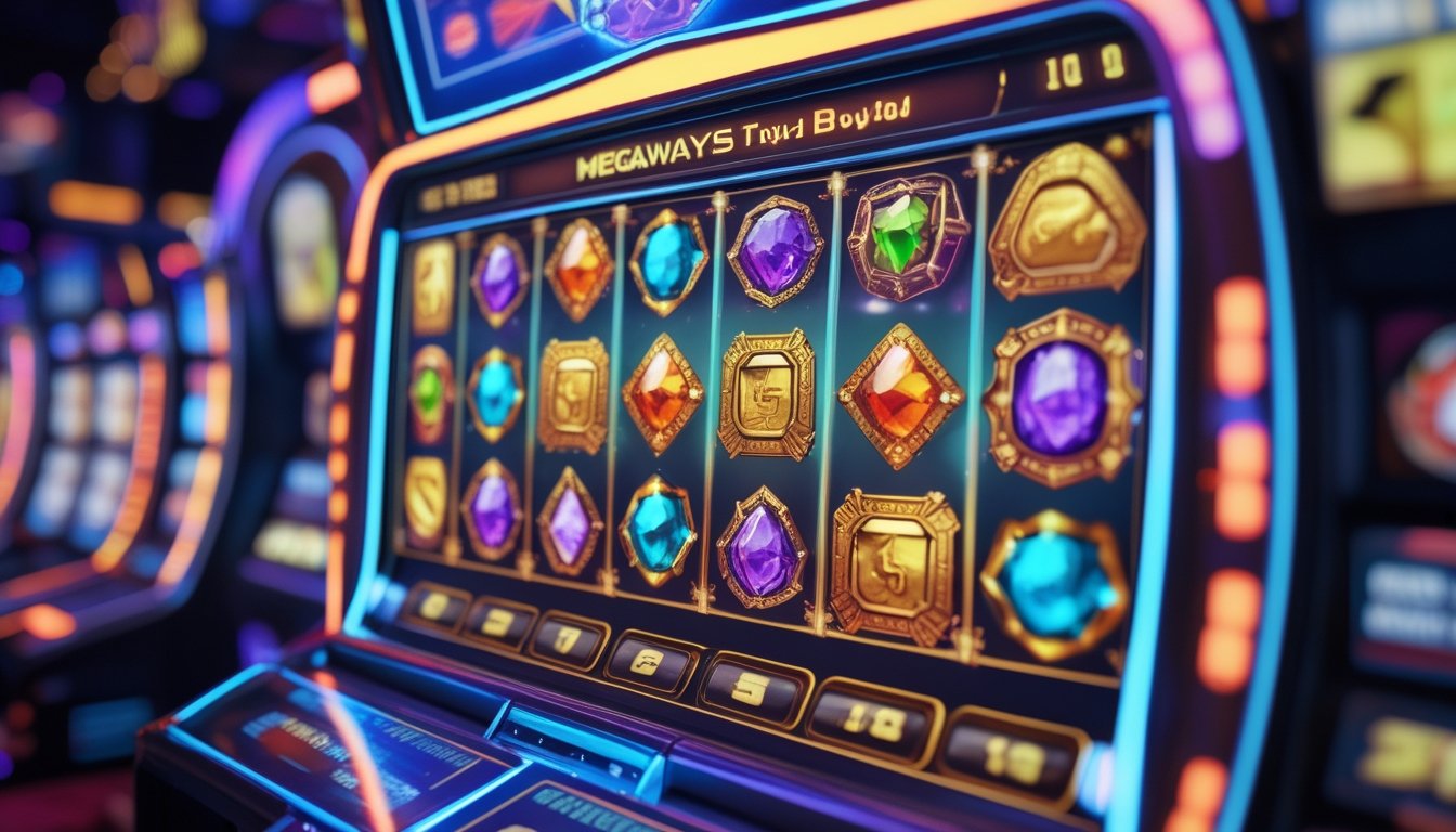 Mesin slot dengan beberapa gulungan dan simbol warna-warni yang menunjukkan mekanisme fitur Megaways di permainan Bonanza Bonanza.