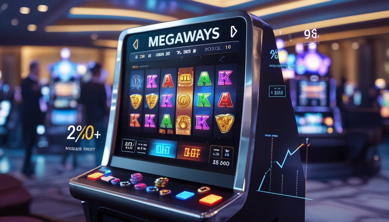 Mesin slot berwarna-warni di kasino dengan latar belakang grafik dan ikon yang menunjukkan konsep permainan dan fitur bonus.