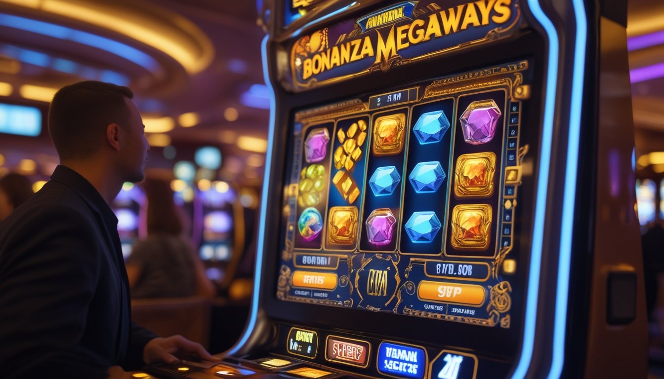 Mesin slot digital dengan layar berwarna-warni menampilkan simbol-simbol permainan di lingkungan kasino yang ramai.
