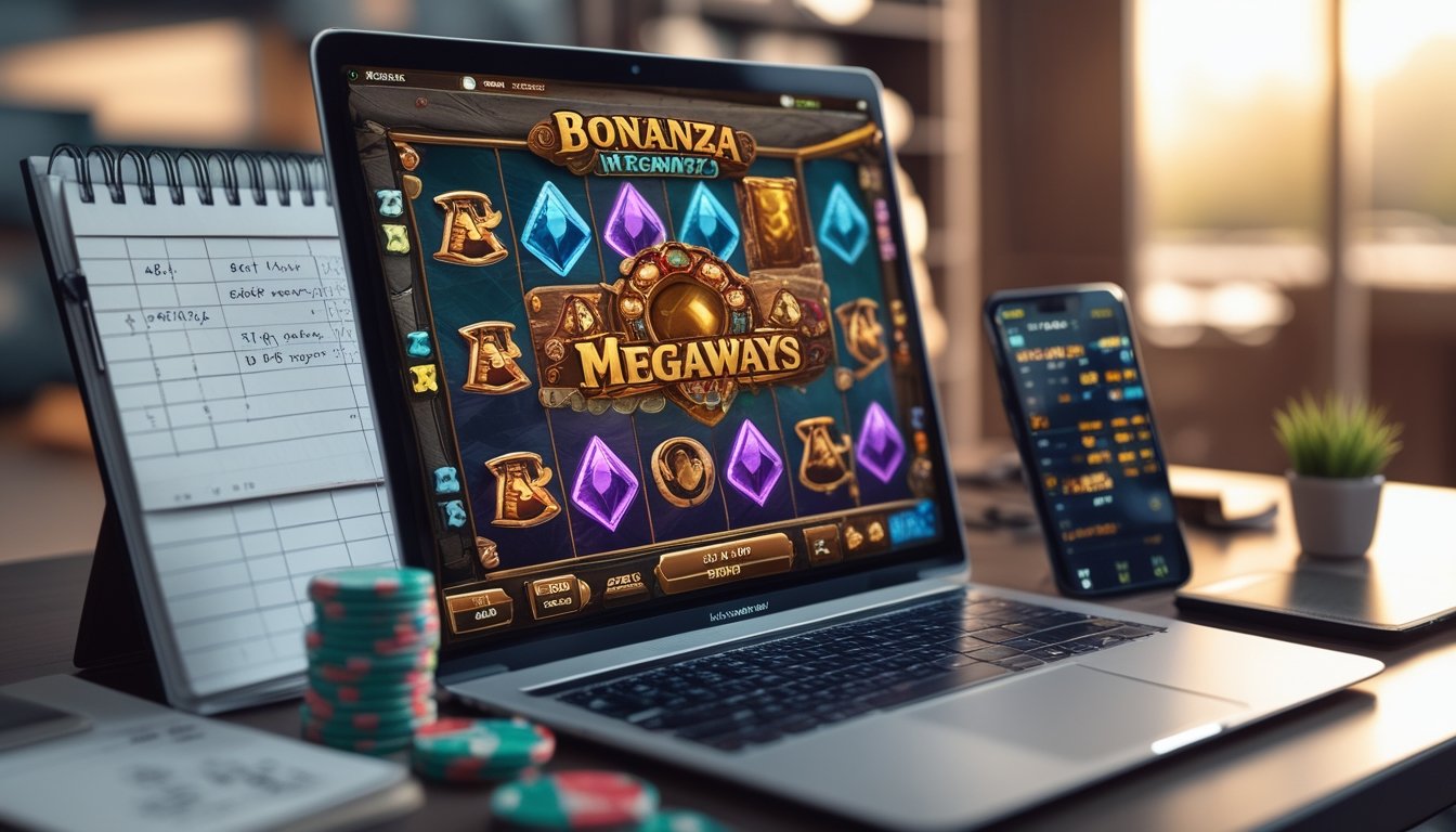 Sebuah meja dengan laptop yang menampilkan permainan slot Bonanza Megaways, dikelilingi oleh catatan strategi, ponsel dengan statistik permainan, dan beberapa chip poker.