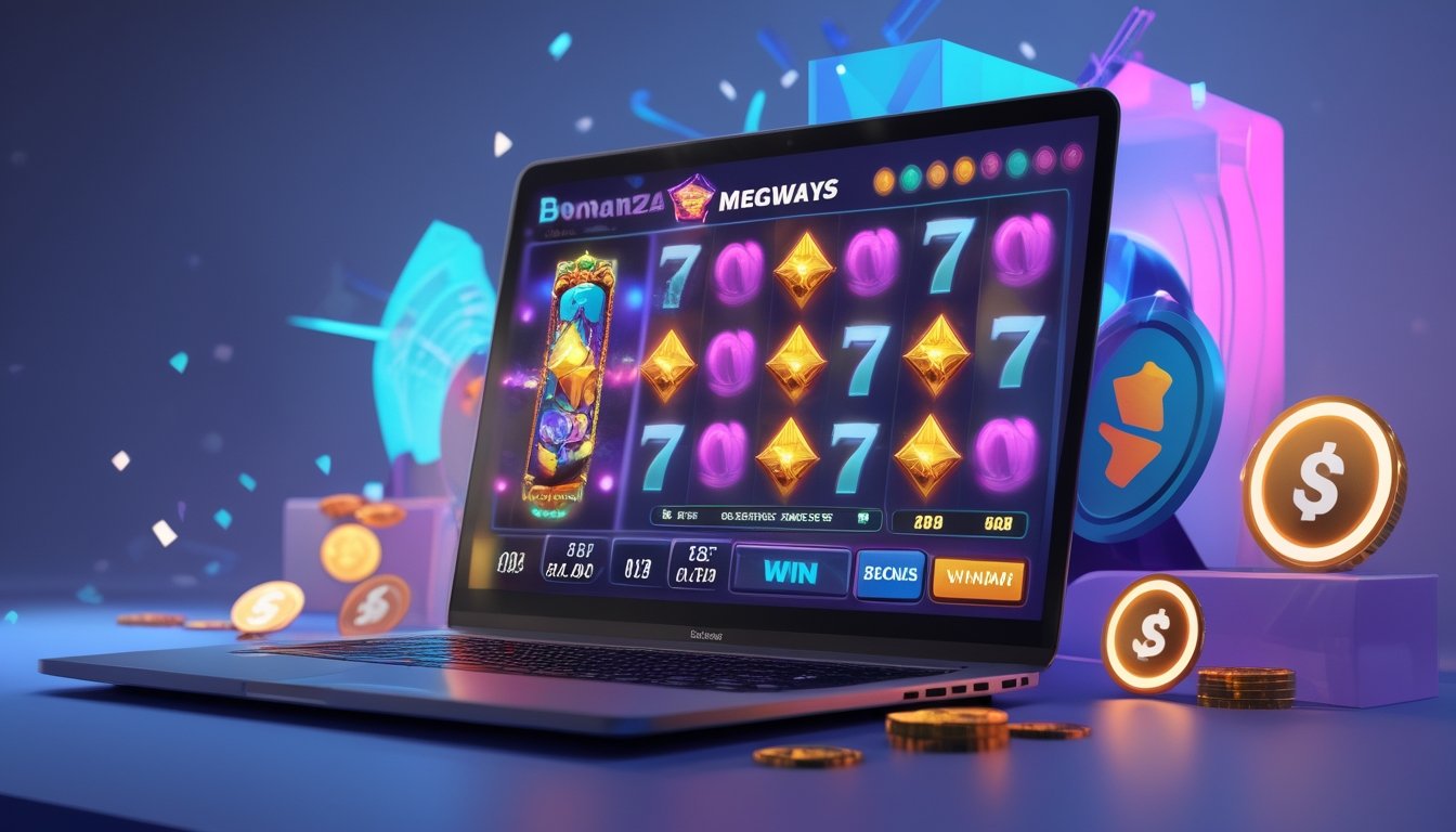 Seorang pemain duduk di depan komputer yang menampilkan permainan slot online dengan simbol scatter dan fitur bonus, dikelilingi oleh koin dan elemen permainan digital.