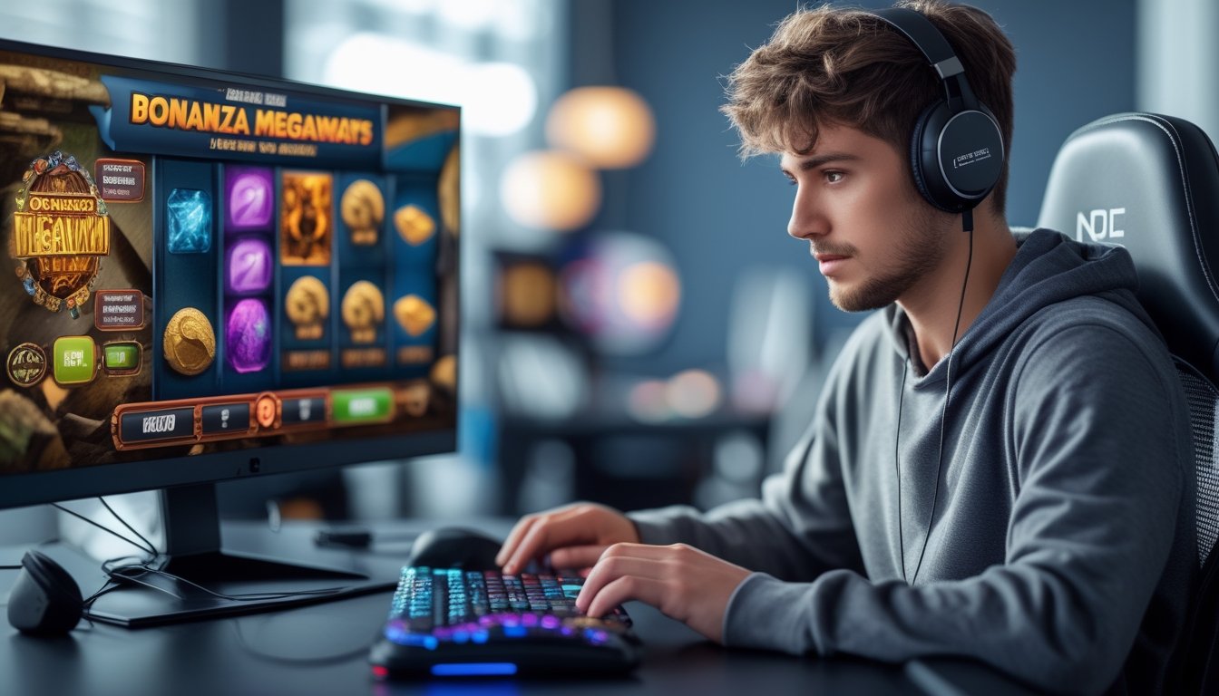 Seorang pria muda sedang bermain permainan slot online di depan komputer dengan ekspresi fokus dan lingkungan gaming yang rapi.