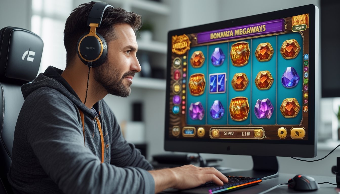 Seorang pria dewasa duduk di depan komputer dengan permainan slot online bertema Bonanza Megaways, terlihat fokus dan sedikit frustrasi saat bermain.
