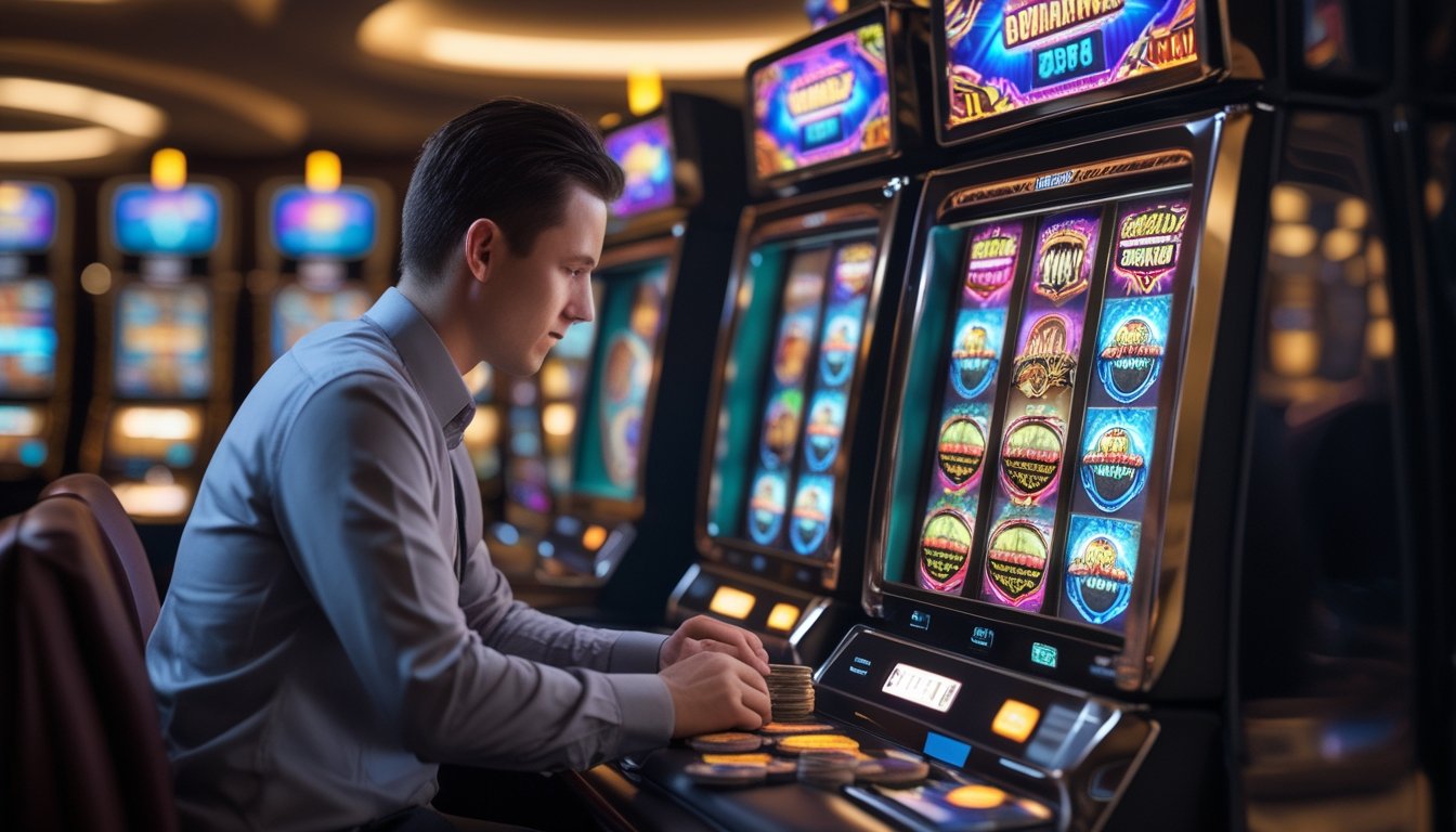 Seorang pemain sedang mengatur uang taruhan di depan mesin slot di dalam kasino.