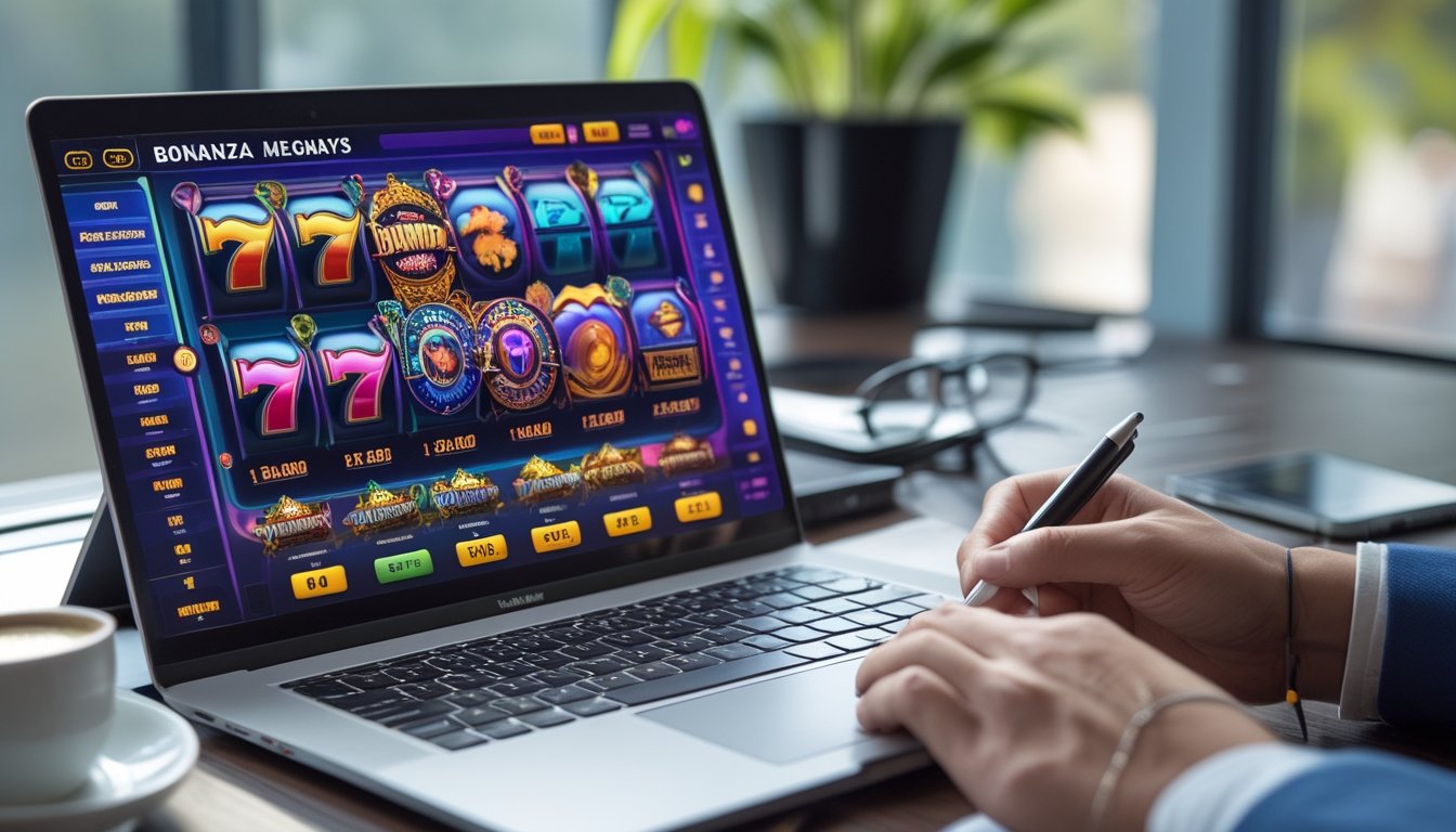 Seorang pria sedang menggunakan laptop dengan permainan slot online di layar, sambil mencatat dan menghitung dengan kalkulator di meja kerja.