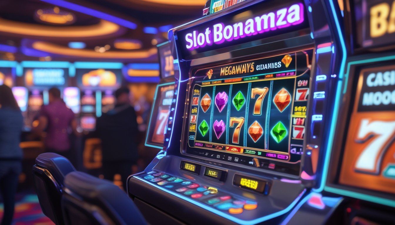 Mesin slot berwarna cerah dengan gulungan berputar di dalam kasino yang ramai dan penuh cahaya.