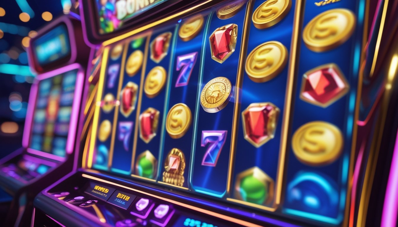 Mesin slot dengan banyak gulungan dan simbol warna-warni yang bergerak, menunjukkan pola kemenangan yang sering terjadi.