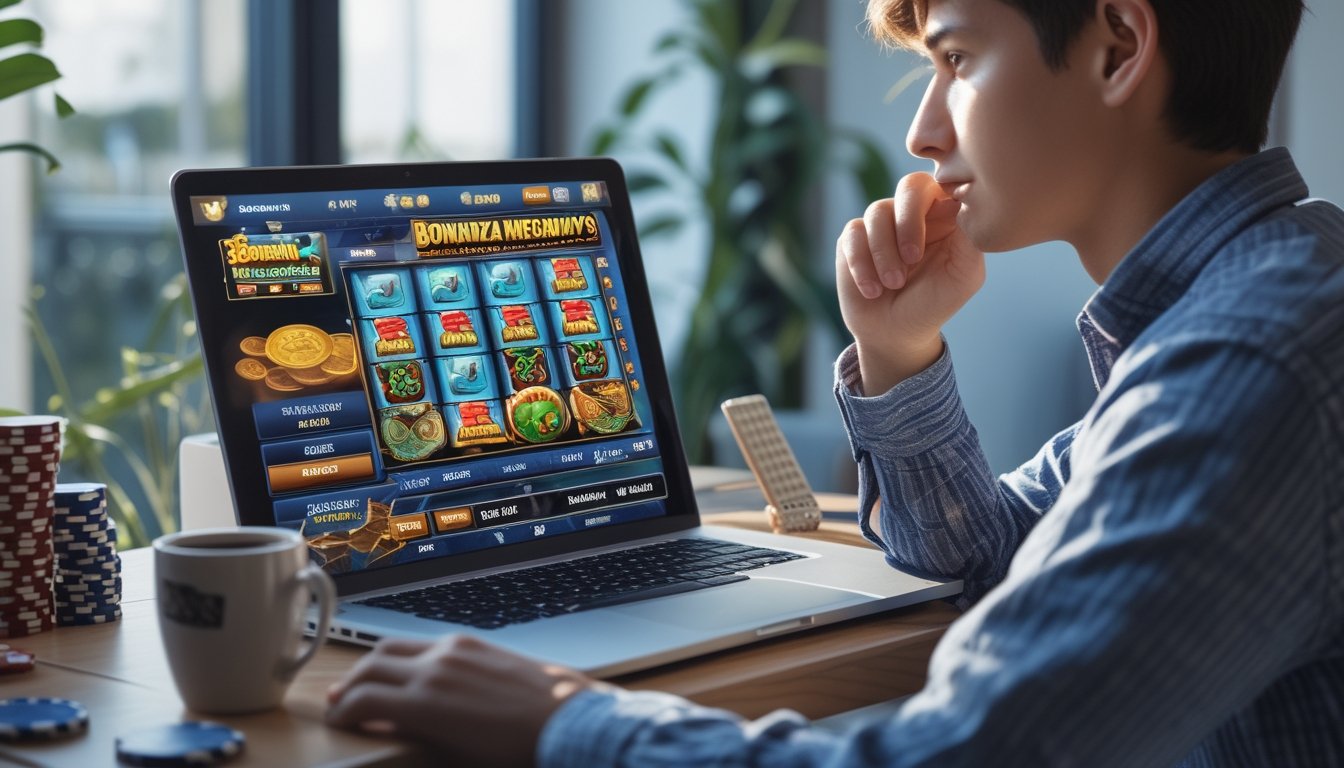 Seseorang sedang duduk di meja dengan laptop menampilkan permainan slot Bonanza Megaways, sambil memegang ponsel dan terlihat fokus memilih waktu bermain.