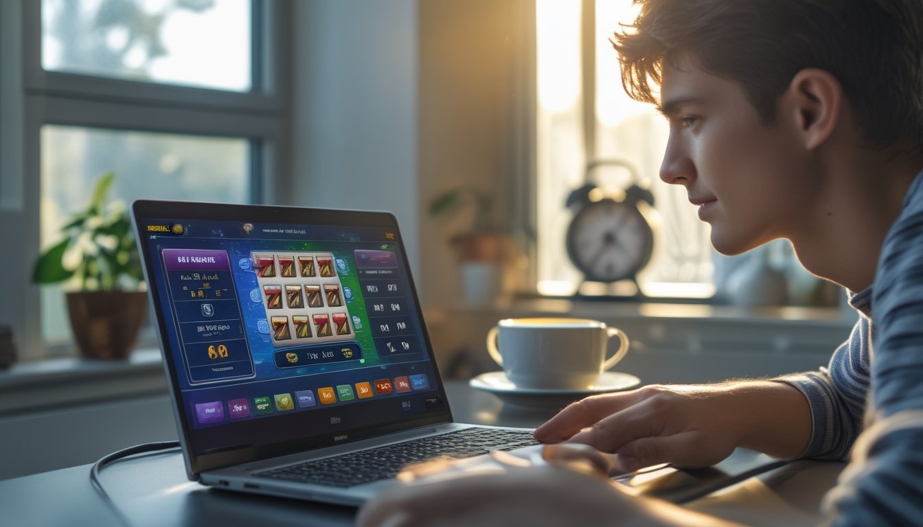 Seorang dewasa muda duduk di depan laptop di ruang kerja rumah dengan cahaya alami, terlihat fokus memilih waktu bermain permainan slot online.