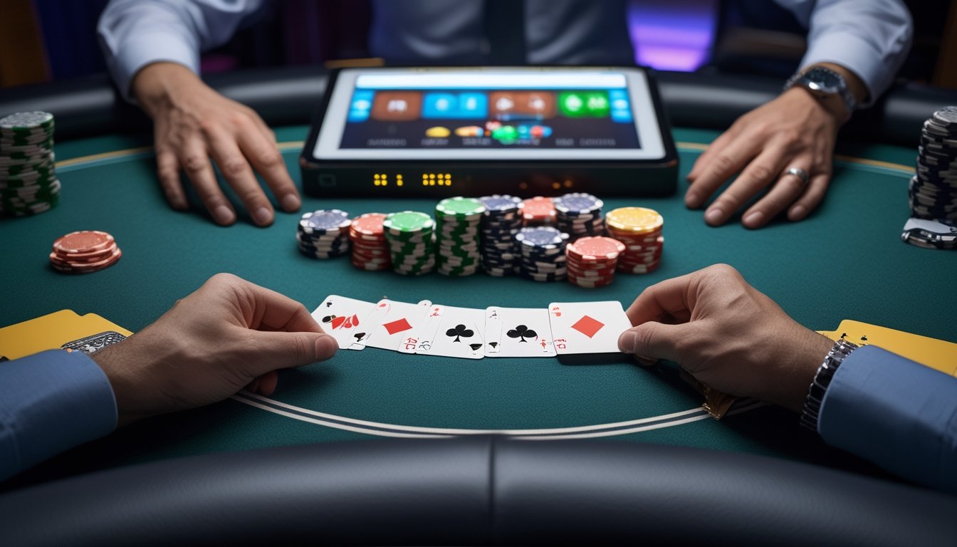 Meja kasino dengan kartu remi dan chip poker, serta tangan seseorang yang sedang mengatur kartu untuk bermain Chinese Poker.