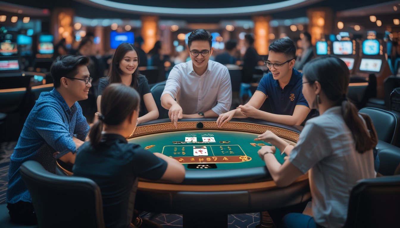 Sekelompok orang sedang belajar bermain Chinese Poker di meja poker digital di kasino online.