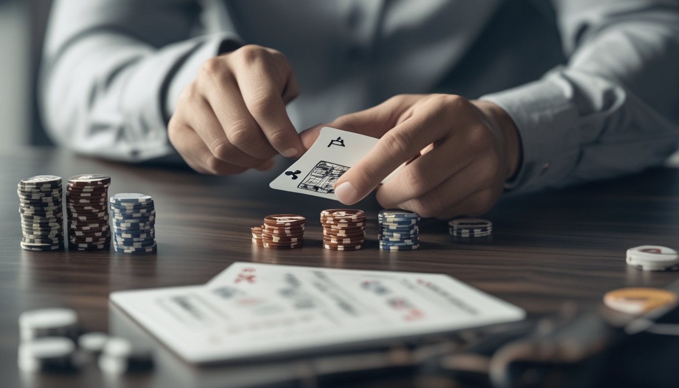 Seorang pemain sedang menyusun kartu Chinese Poker di meja dengan tumpukan chip kecil dan buku catatan strategi di sampingnya.